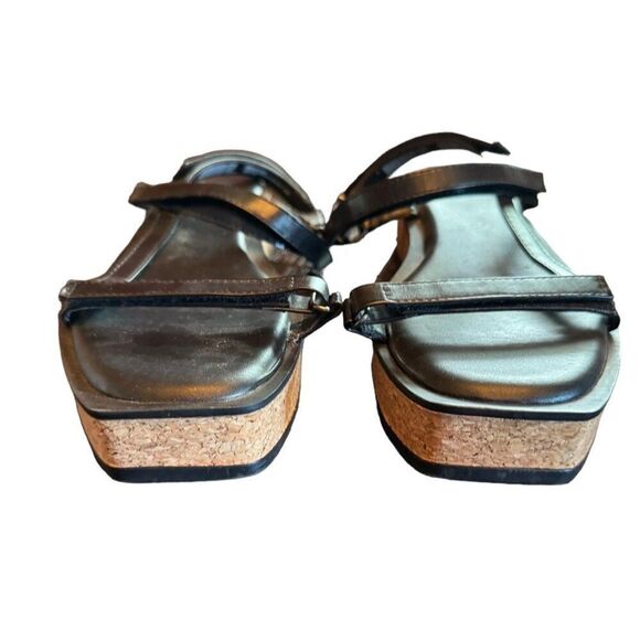 A New Day Black  Leather Cork‎ Wedge Sandals Size 7 Comfortable & Stylish - Picture 3 of 3
